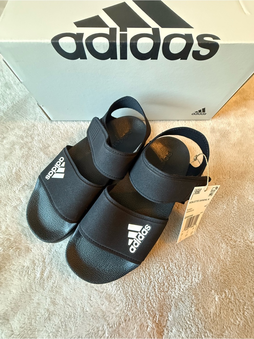 adidas Kids Black Slide Sandals with White Logo